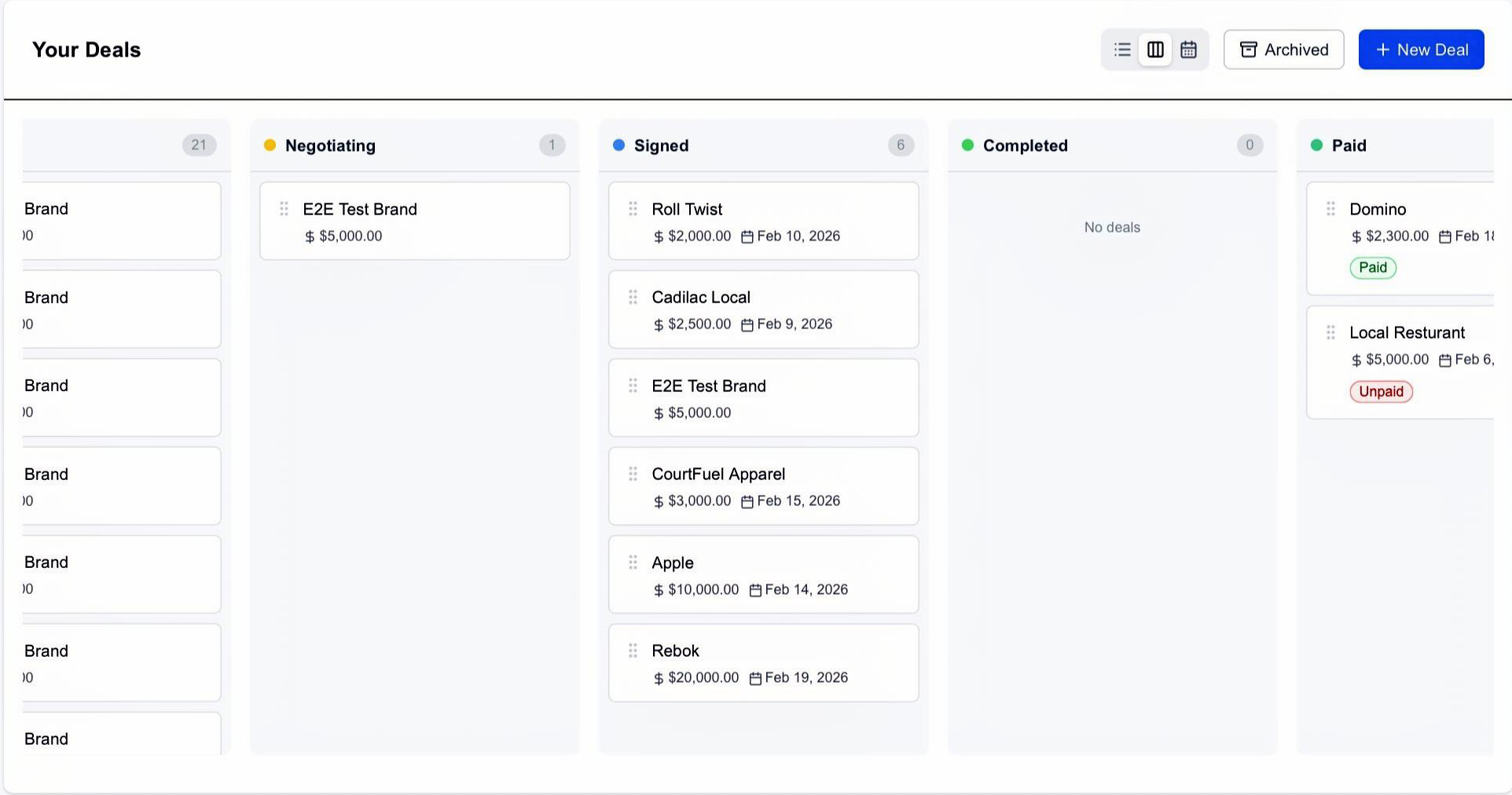 Kanban board showing deals across pipeline stages