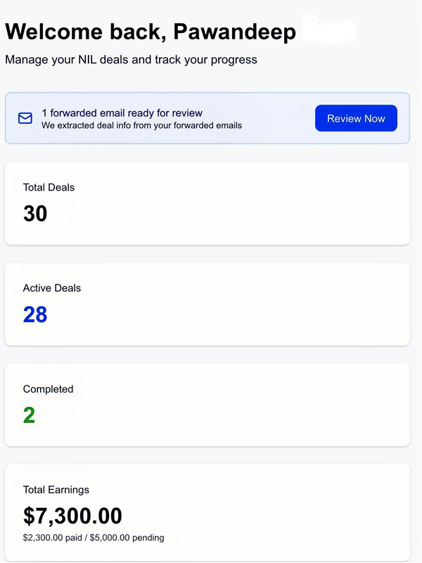Athlete earnings dashboard showing total NIL compensation